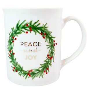 Peace and Joy Christmas Wreath Coffee Mug with Gold Letters * Holiday Tea Cup